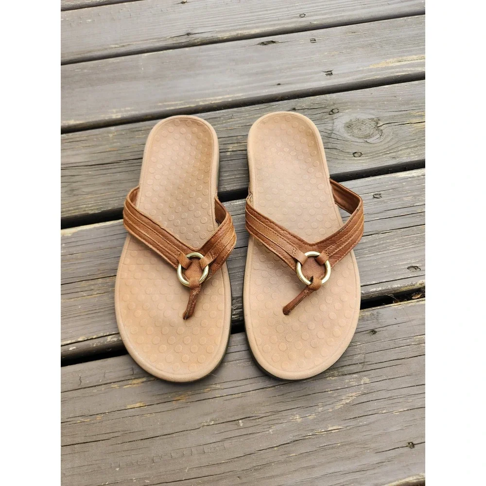 Vionic Aloe Thong Sandals Tan Leather Gold‎ Ring Orthopedic Size 11